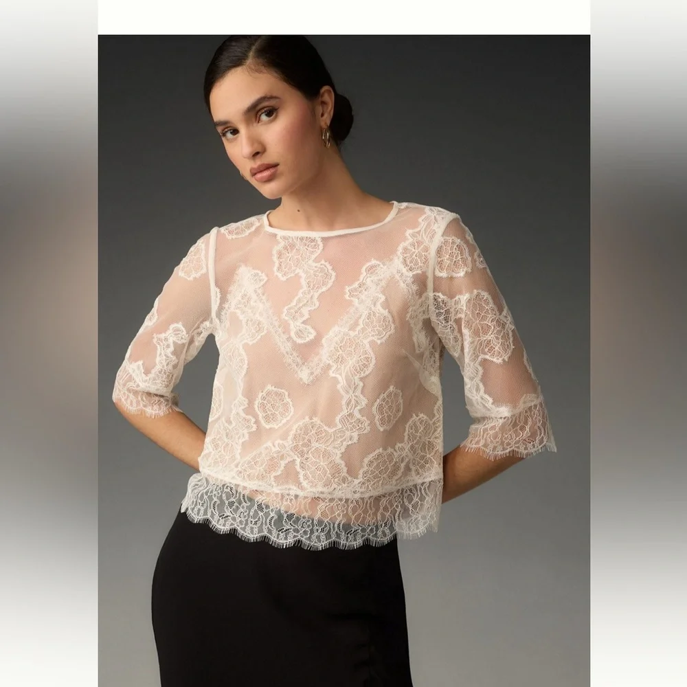 Turquoise By Anthropologie lace illusion top, size M EUC